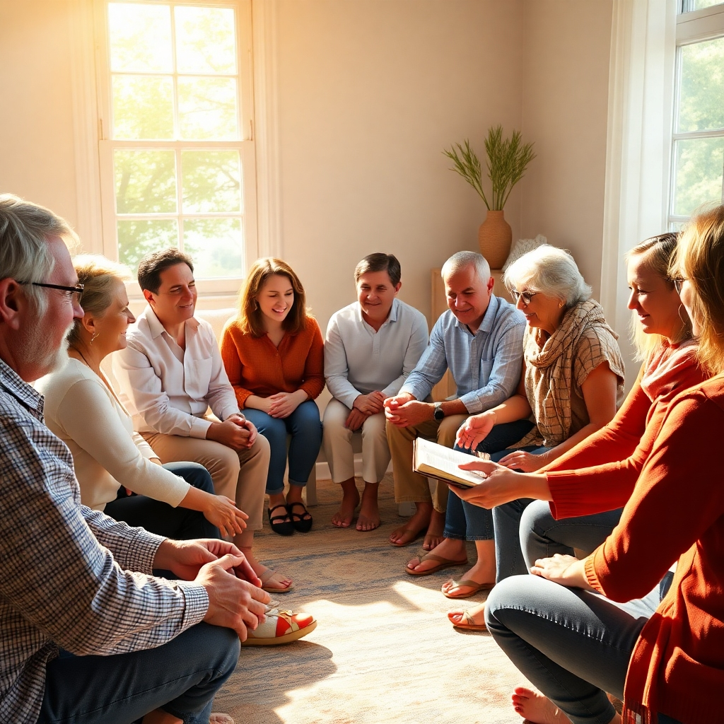 Imagen fotorrealista de personas que comparten activamente su fe a través de diversos métodos, como programas de extensión comunitaria, evangelización callejera y trabajo misionero. Utilice iluminación natural y expresiones genuinas. La imagen debe transmitir el sentido de misión y propósito. El estilo debe ser reconocible e inspirador.
